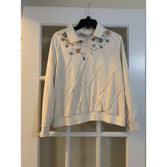 Alfred dunner petites floral embroidered beaded white sweater 1/4 zip PXL - Picture 1 of 8